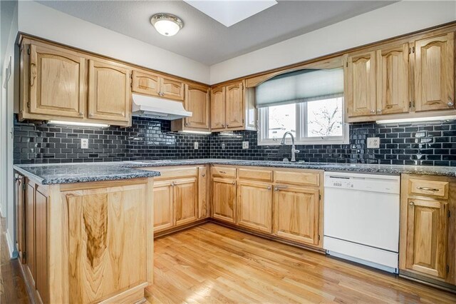 22804 E 28th Terrace Ct, Blue Springs, MO 64015 - kitchen featuring dishwasher, under cabinet range hood, light wood-type flooring, tasteful backsplash, and a sink