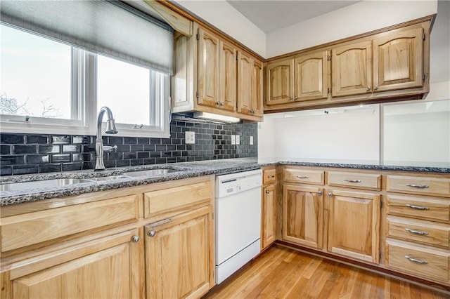 22804 E 28th Terrace Ct, Blue Springs, MO 64015 - kitchen featuring white dishwasher, a sink, dark stone counters, light wood-style flooring, and tasteful backsplash