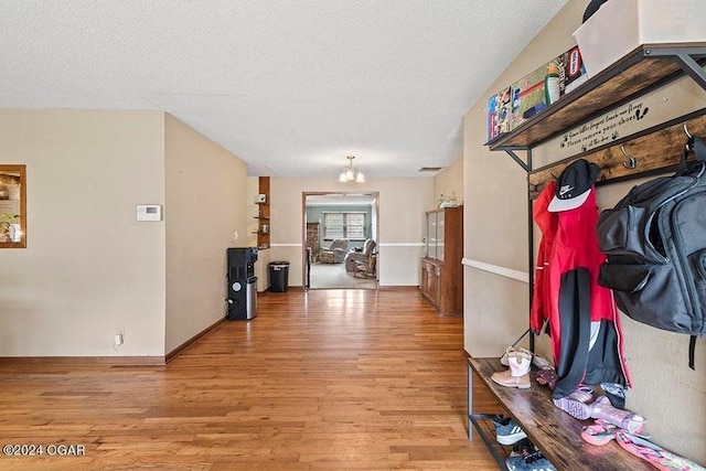 104 W Highland Ave, Nevada, MO 64772 - hall featuring light wood-style floors, a notable chandelier, and a textured ceiling
