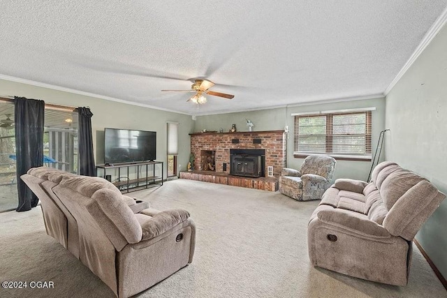 104 W Highland Ave, Nevada, MO 64772 - carpeted living area with a fireplace, a textured ceiling, a ceiling fan, and crown molding