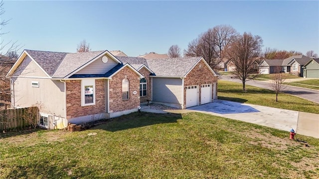 single story home with a garage, brick siding, concrete driveway, and a front yard