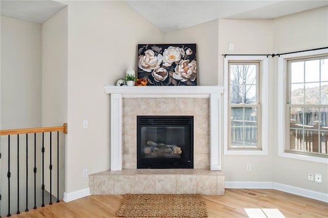 details featuring baseboards, wood finished floors, and a tile fireplace
