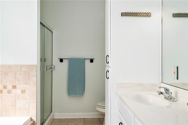 full bath with toilet, a stall shower, a bath, tile patterned floors, and vanity
