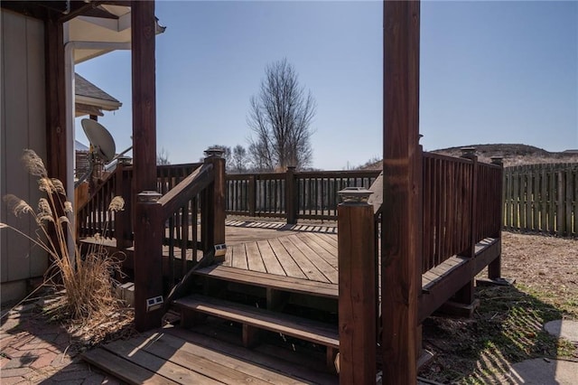 wooden terrace featuring fence