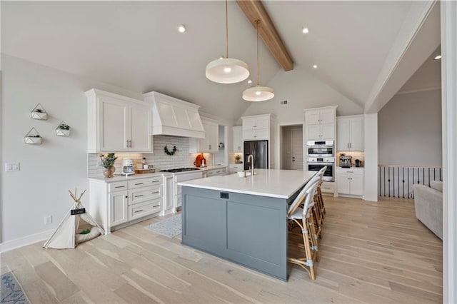 12313 W 169th St, Overland Park, KS 66221 - kitchen featuring custom exhaust hood, refrigerator, beamed ceiling, double oven, and white cabinetry