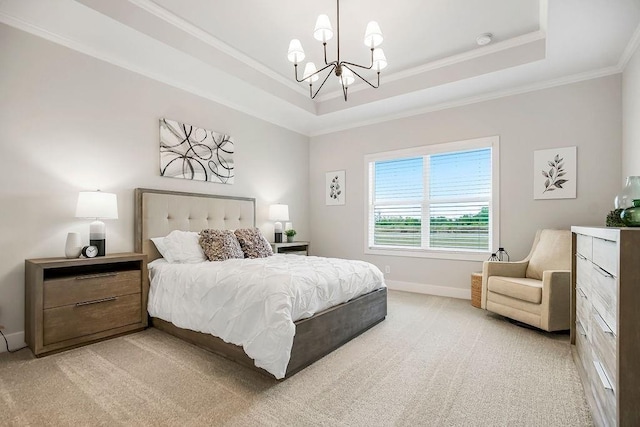 13021 W 174th Pl, Overland Park, KS 66221 - bedroom featuring light carpet, baseboards, a chandelier, a tray ceiling, and crown molding