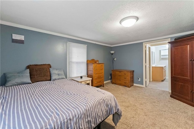 607 SW 8th St, Blue Springs, MO 64015 - bedroom with light colored carpet, a textured ceiling, baseboards, and ornamental molding