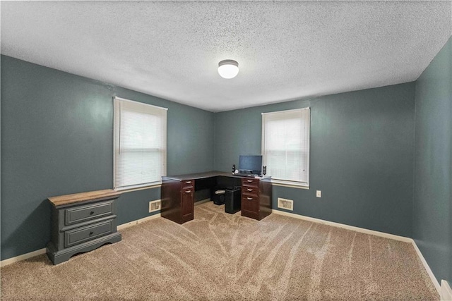 607 SW 8th St, Blue Springs, MO 64015 - home office with light colored carpet, a textured ceiling, and baseboards