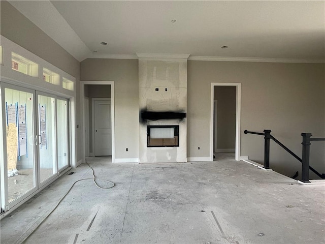 16487 W 166th Pl, Olathe, KS 66062 - unfurnished living room with ornamental molding and a large fireplace