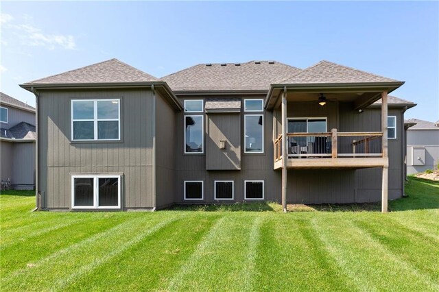16487 W 166th Pl, Olathe, KS 66062 - rear view of property with ceiling fan, a yard, a shingled roof, and a balcony