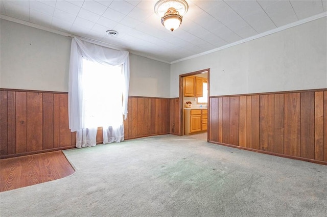 empty room featuring ornamental molding, wood walls, wainscoting, and light colored carpet