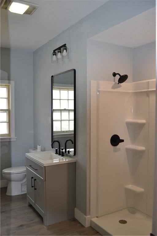 660 Elmdale, Chillicothe, MO 64601 - bathroom featuring vanity, a shower stall, toilet, and wood finished floors