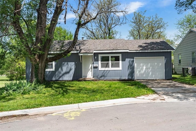 1758 Main St, Osawatomie, KS 66064 - ranch-style house with a shingled roof, a garage, a front yard, central AC unit, and concrete driveway