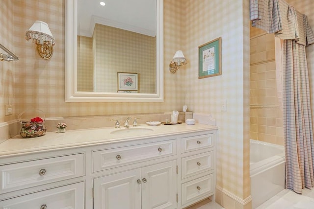 17960 S Bond St, Bucyrus, KS 66013 - full bath featuring wallpapered walls, vanity, shower / bathtub combination with curtain, and crown molding