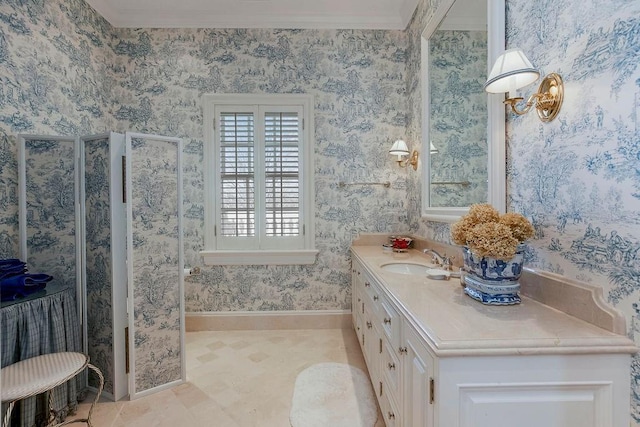17960 S Bond St, Bucyrus, KS 66013 - full bath featuring vanity, wallpapered walls, a stall shower, and ornamental molding