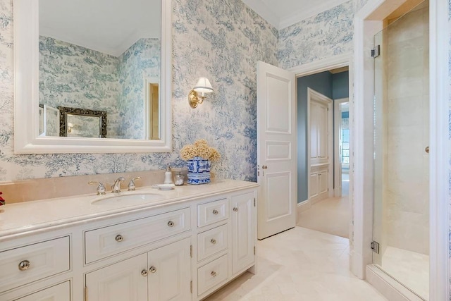 17960 S Bond St, Bucyrus, KS 66013 - full bath with vanity, a stall shower, and wallpapered walls