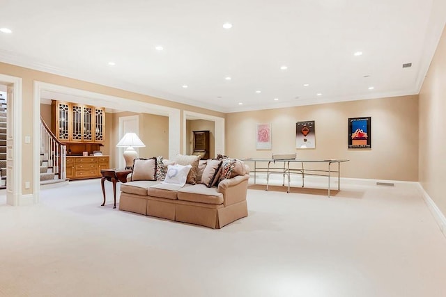 17960 S Bond St, Bucyrus, KS 66013 - living room featuring light carpet, ornamental molding, stairway, and recessed lighting