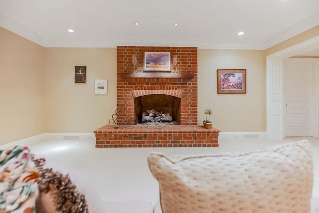 17960 S Bond St, Bucyrus, KS 66013 - living room with ornamental molding, a brick fireplace, and recessed lighting
