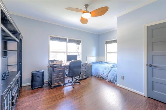 11237 S Race St, Olathe, KS 66061 - office area with ornamental molding, a ceiling fan, and dark wood finished floors
