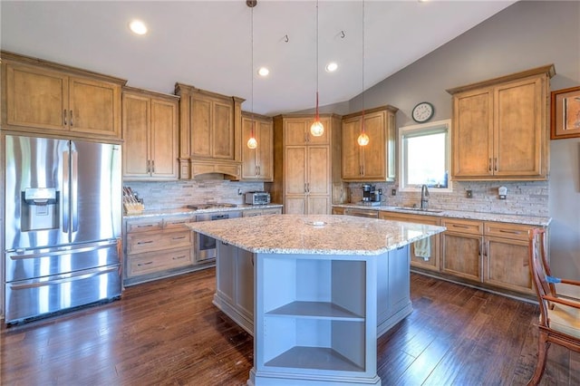 11237 S Race St, Olathe, KS 66061 - kitchen featuring stainless steel appliances, open shelves, lofted ceiling, dark wood-type flooring, and a center island