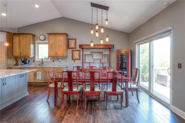 11237 S Race St, Olathe, KS 66061 - dining area featuring lofted ceiling, dark wood-style floors, beverage cooler, and recessed lighting