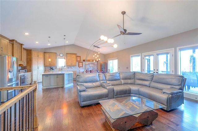 11237 S Race St, Olathe, KS 66061 - living area with lofted ceiling, a ceiling fan, dark wood-style floors, and recessed lighting