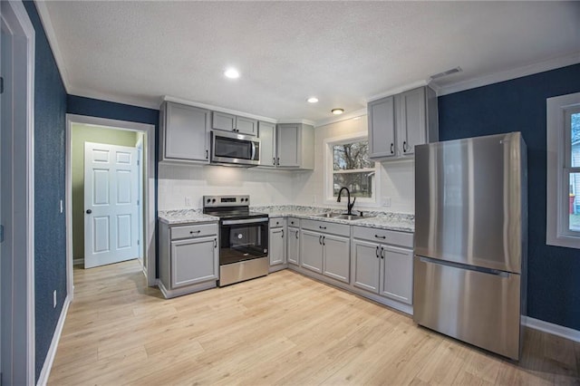 203 N Chestnut St, Pittsburg, KS 66762 - kitchen featuring crown molding, appliances with stainless steel finishes, a sink, and gray cabinetry
