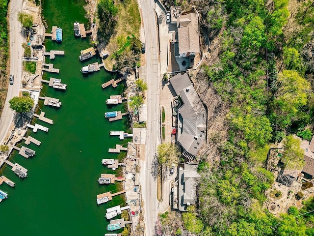 bird's eye view of a nearby body of water and a marina