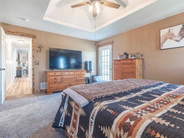 14199 County Road 191, Savannah, MO 64485 - carpeted bedroom featuring ceiling fan, visible vents, and a raised ceiling