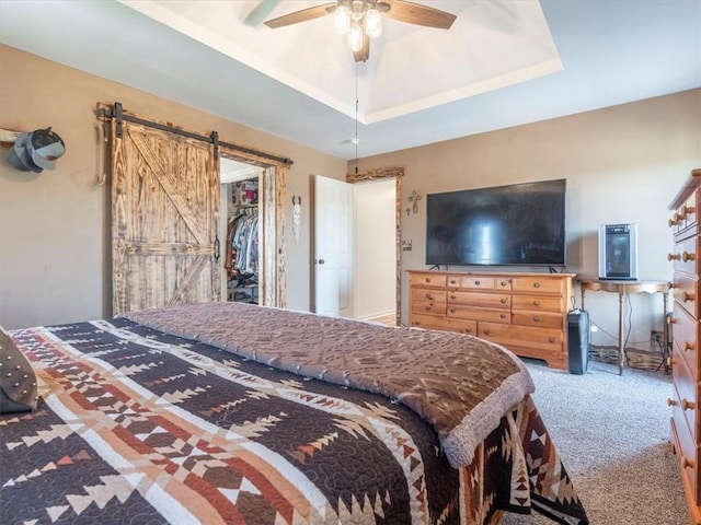 14199 County Road 191, Savannah, MO 64485 - carpeted bedroom with a ceiling fan, a raised ceiling, a spacious closet, and a barn door