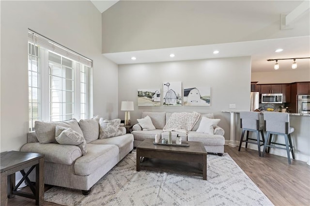 living area with wood finished floors and high vaulted ceiling