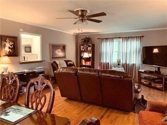 living room with crown molding, light wood-style flooring, and ceiling fan