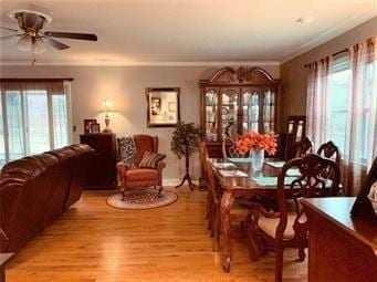 dining room with a ceiling fan, crown molding, light wood-style floors, and a wealth of natural light