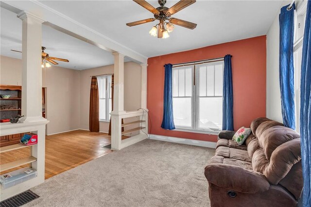 208 E 5th St, Carrollton, MO 64633 - living area featuring ceiling fan, carpet flooring, and ornate columns