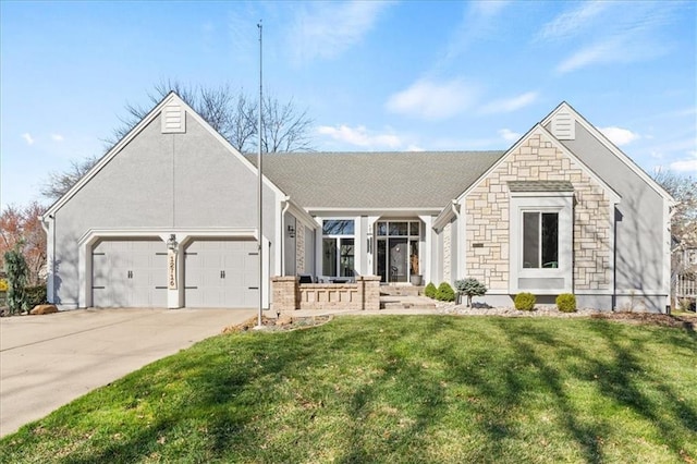 ranch-style house with roof with shingles, stone siding, a front lawn, an attached garage, and concrete driveway