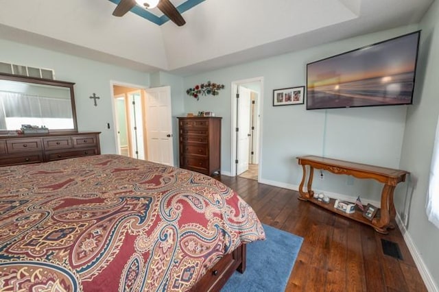 6620 NW 136th St, Kansas City, MO 64164 - bedroom with a ceiling fan, vaulted ceiling, visible vents, hardwood / wood-style floors, and baseboards