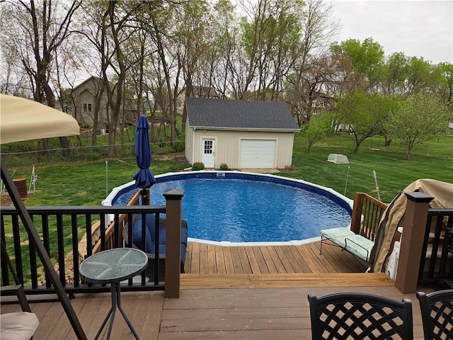 6620 NW 136th St, Kansas City, MO 64164 - view of pool featuring a fenced in pool, an outbuilding, fence, a wooden deck, and a yard