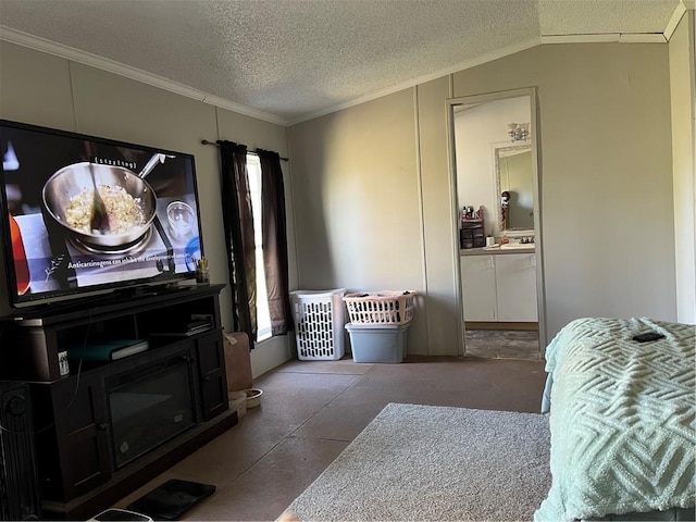 living area featuring crown molding, a healthy amount of sunlight, lofted ceiling, and a textured ceiling