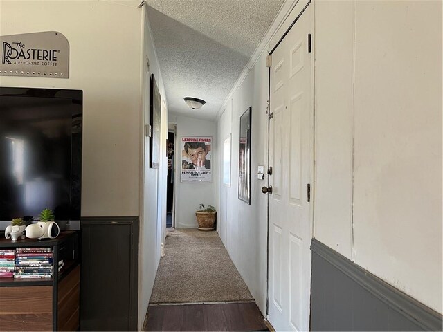 3672 Haynes Hill Rd, Bates City, MO 64011 - hallway with a textured ceiling, wood finished floors, and a wainscoted wall