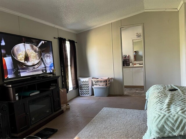 3672 Haynes Hill Rd, Bates City, MO 64011 - living room with ornamental molding, a textured ceiling, and lofted ceiling