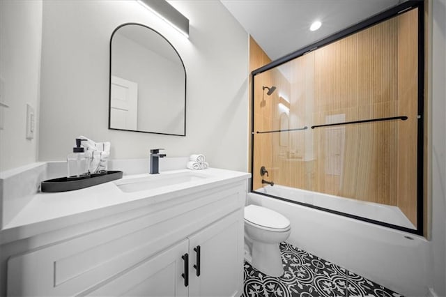 full bathroom with tile patterned flooring, vanity, toilet, recessed lighting, and bath / shower combo with glass door