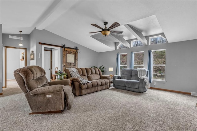 carpeted living room with a barn door, baseboards, vaulted ceiling with beams, and ceiling fan