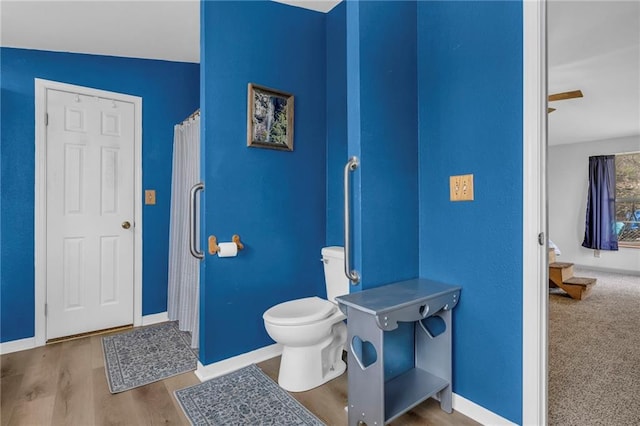 bathroom with wood finished floors, baseboards, and toilet