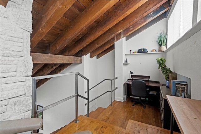 home office with lofted ceiling with beams, wood finished floors, and wooden ceiling