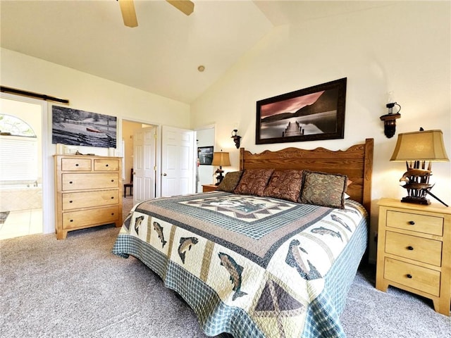 528 W End Cir, Osage Beach, MO 65065 - bedroom featuring carpet flooring, lofted ceiling, ceiling fan, and ensuite bath