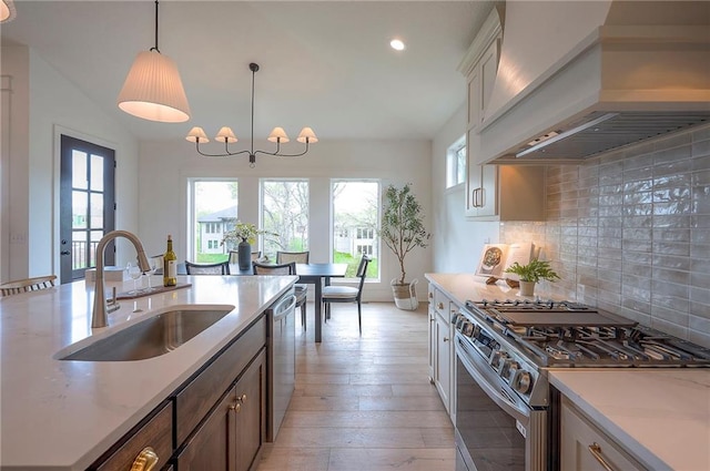 kitchen with tasteful backsplash, custom exhaust hood, light wood-style floors, appliances with stainless steel finishes, and a sink