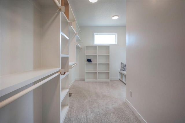 walk in closet with light carpet