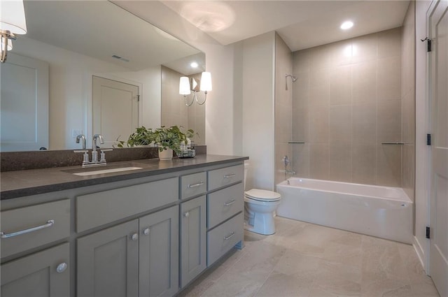 bathroom with visible vents, shower / bathtub combination, toilet, recessed lighting, and vanity