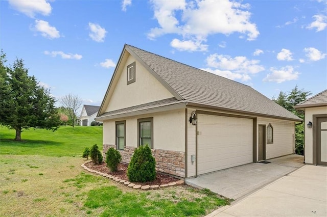 view of property exterior featuring a shingled roof, stucco siding, a yard, and stone siding