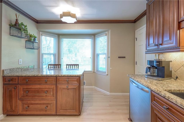 10312 Lamar Ave, Overland Park, KS 66207 - kitchen featuring dishwasher, ornamental molding, light wood-style floors, decorative backsplash, and healthy amount of natural light
